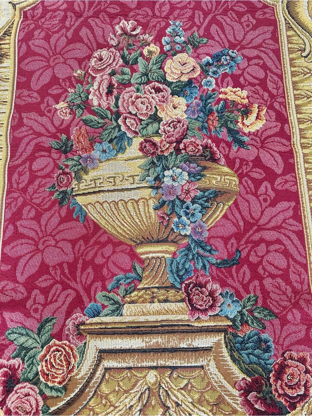 Ornate Pink Floral Tapestry Wall Hanging with Gold Urn